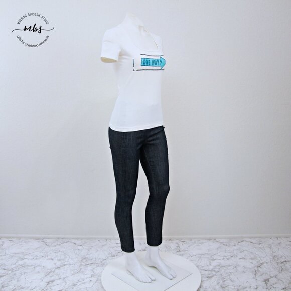 Moschino One Way Square Neck Distressed Short Sleeve Tee White Blue Women S - Picture 1 of 9